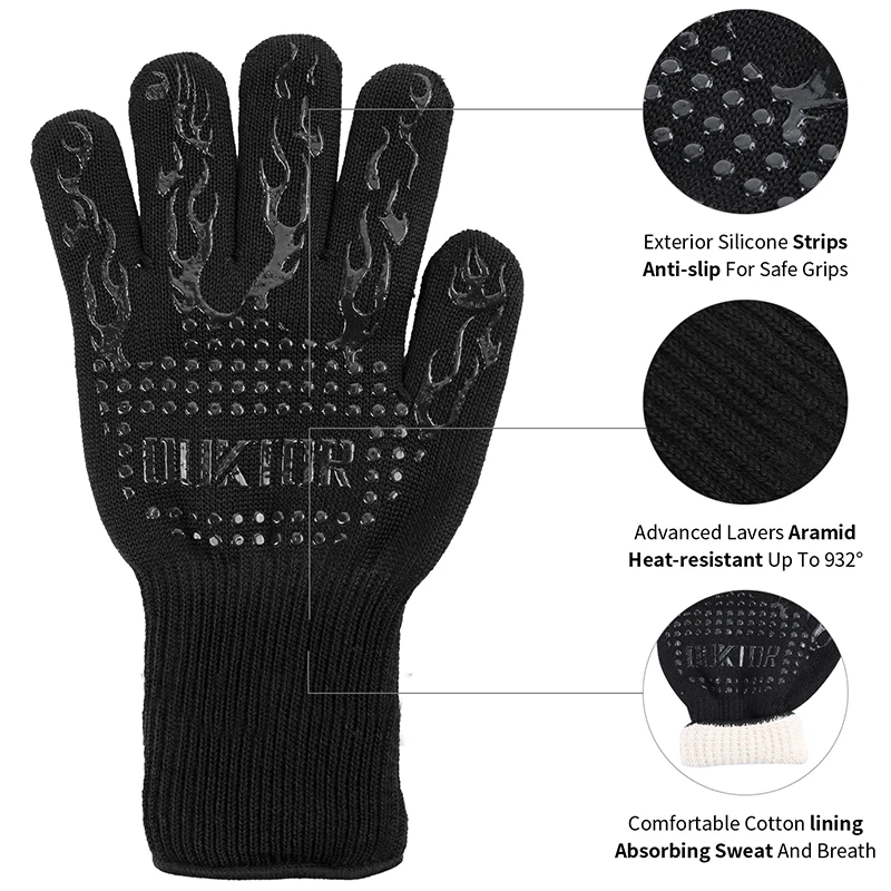 Heat Resistant BBQ Gloves Cooking Baking Barbecue Oven Gloves Thick Silicone Grill Kitchen Mitts Hand Protect BBQ Tool