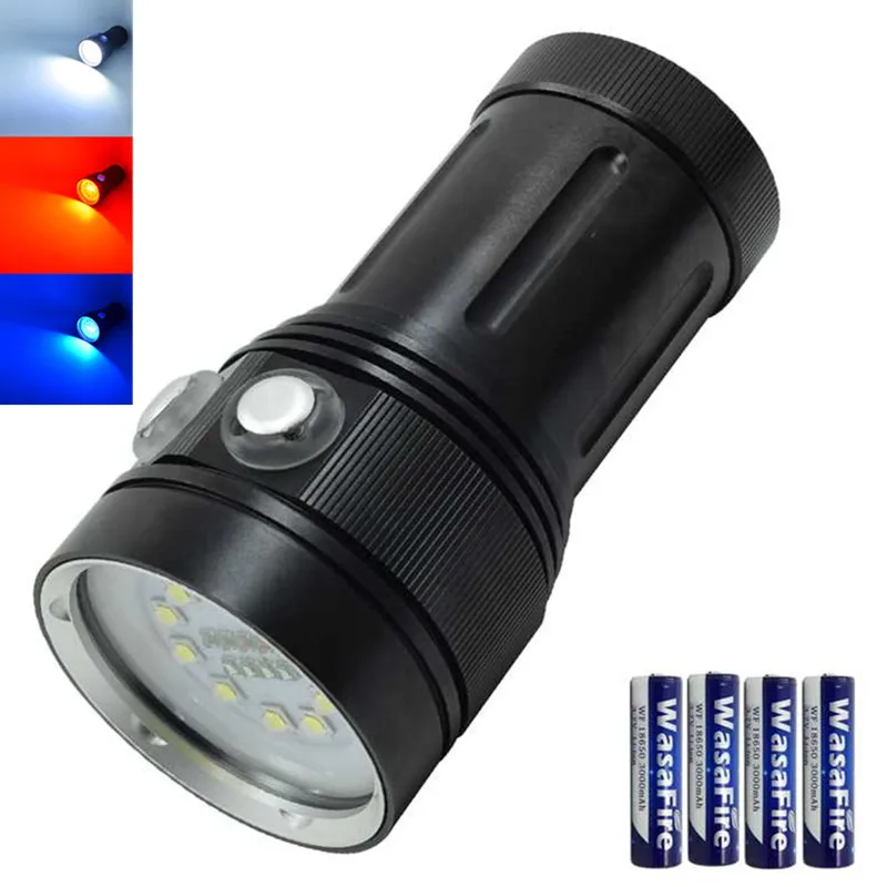 

Underwater LED Video Fill Light 10*XM-L2 White+4*Red+4*UV/Blue Light Scuba Diving Flashlight Led Dive Torch For Camping Hunting