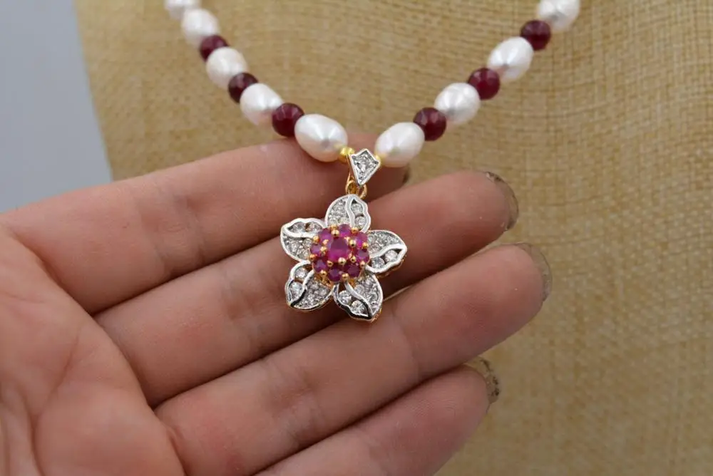 

white akoya cultured pearl garnet ruby necklace crystal pendant Plum flower 18