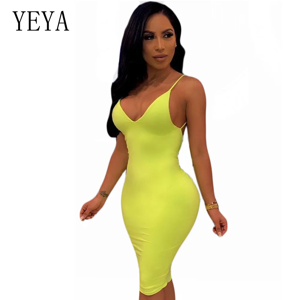 

YEYA Neon Yellow Spaghetti Strap Summer Dress Sleeveless Sexy Deep V Neck Hollow Out Backless Bodycon Night Club Party Wear