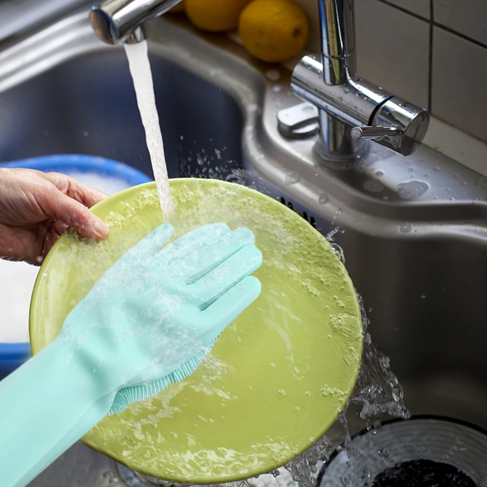 1Pc Silicone Dishes Washing Glove with Cleaning Brush Kitchen Washing Magic Glove Food Grade Dishwashing Gloves All-purpose