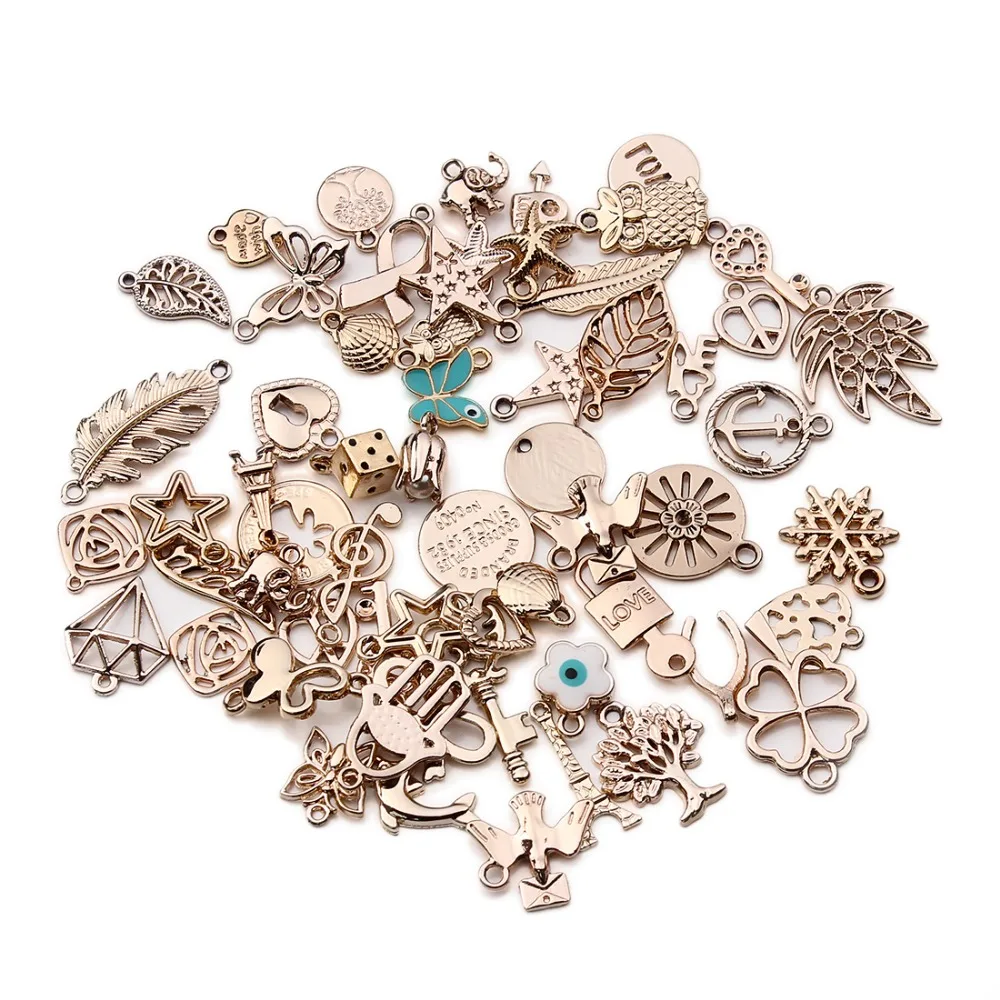 

SAUVOO 36pcs/lot Rose Gold Color Metal Floating Charms Mixed Style Random DIY Handmade Bracelets Pendant for DIY Jewelry Making