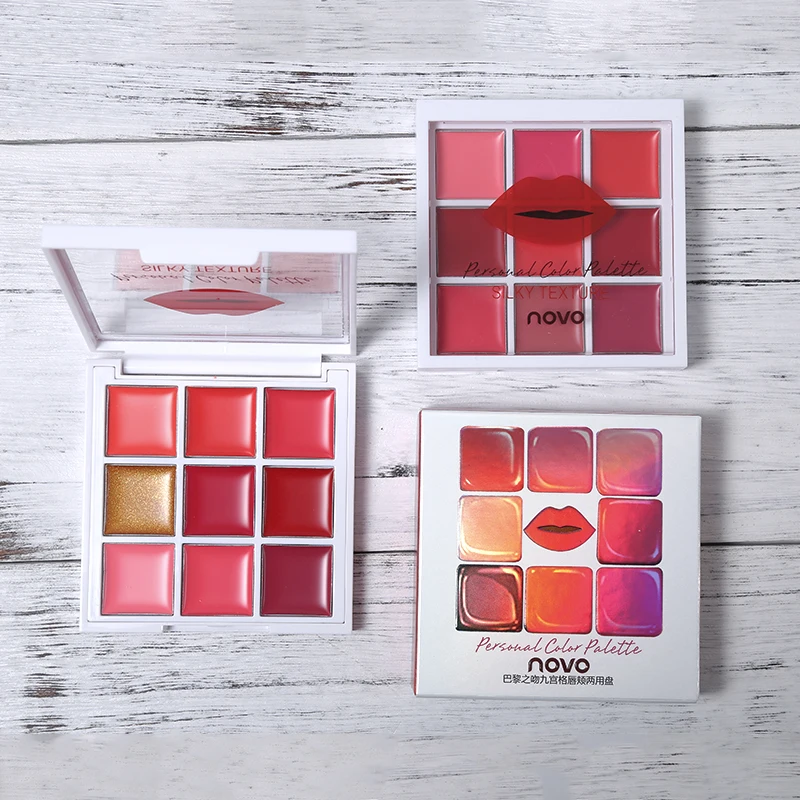 

NOVO 9 Color Lipstick Cream Palette Matte Lustre Lipstick Moisturizer Rose Red Shining Lipgloss Nude Pigment Lip Paint Blush Set