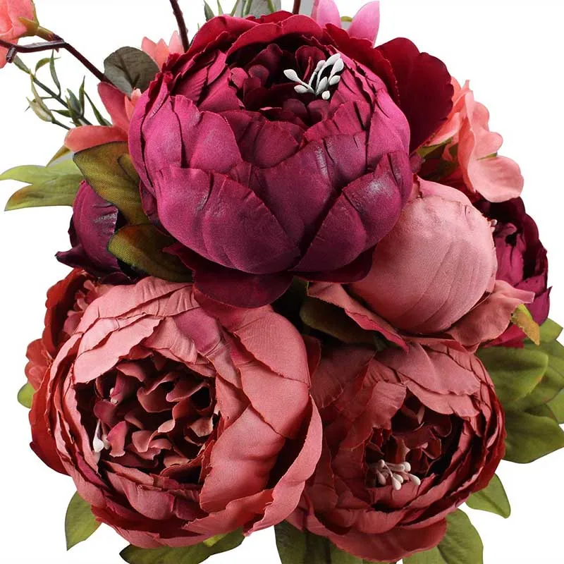Искусственные цветы Пион Букет ткань пластик поддельные цветы свадьба украшение дома День рождения Декор сувениры - Цвет: Red