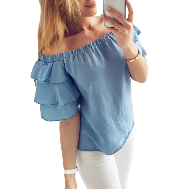 Light Blue Blouse Women Off Shoulder Loose Shirt Ruffle Sleeve Fashion