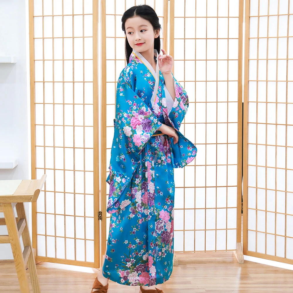 Синий принт Дети Новинка Японский танец платье цветочный традиционный молодой кимоно для девочки для маленьких девочек косплей платье костюмы юката
