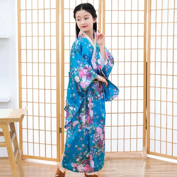 

Blue Print Children Novelty Japanese Dance Dress Floral Traditional Young Girl Kimono Baby Girl Cosplay Dress Costumes Yukata