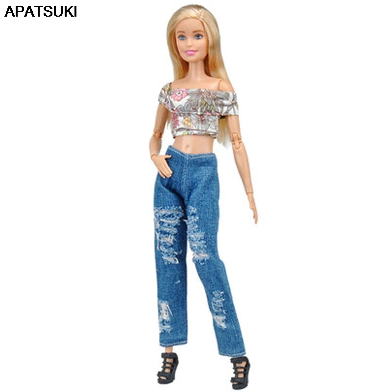 

Fashion Outfits For Barbie Doll Clothes 1:6 Floral Short Shirt & Jeans Pants Handmade Clothes For Barbie Dollhouse 1/6 Kids Toy