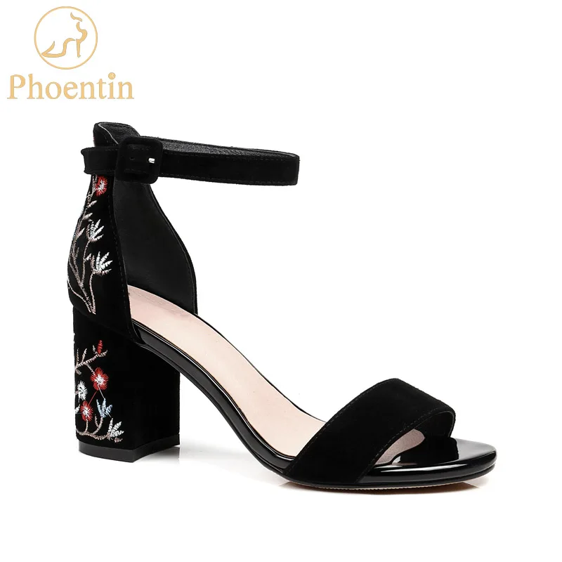 Phoentin, sandalias negras de tacón alto, sandalias de mujer con flores bordadas, zapatos con hebilla tobillo, de tacón de cuero genuino FT438 - AliExpress Mobile