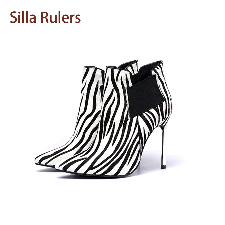 

Silla Rulers Pointed Toe Metal Thin Heel Slip On Women Ankle Boots Leopard Print Sexy Boots Fetish Heel Suede Women Winter Shoes