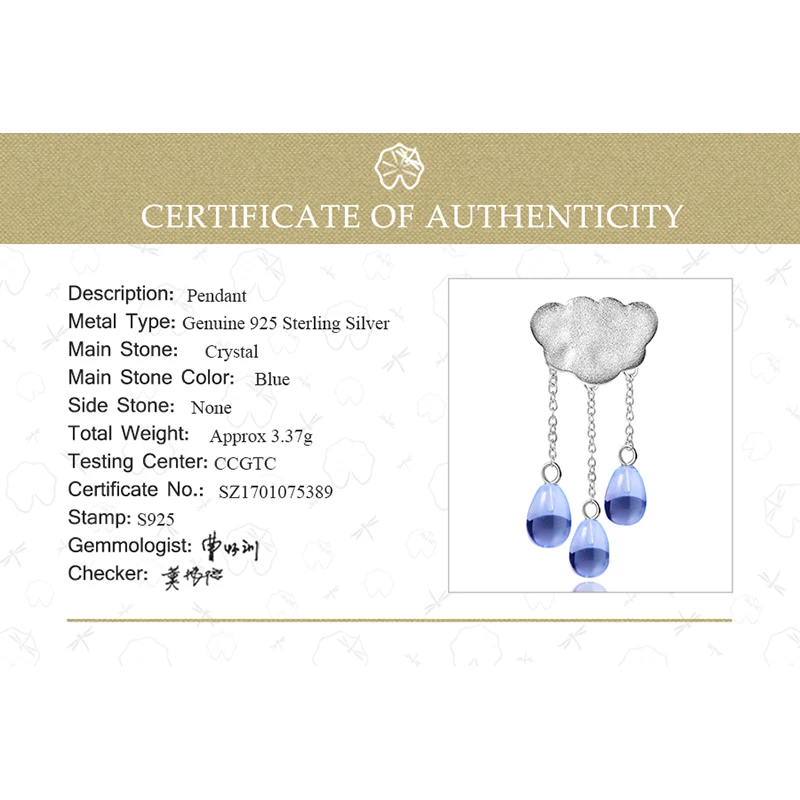 Lotus Fun Genuine 925 Sterling Silver Pendants for Women Tassel Cloud Rain Drop Crystal Silver Pendant without Necklace Jewelry