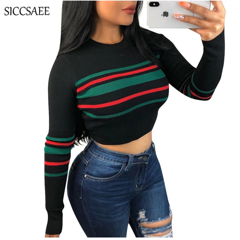 

Striped Print Knitted Tunic For Women Long Sleeve Crop Top Tshirt Camisetas Blusas Mujer De Moda 2018 Fall Sweatshirt Fitness