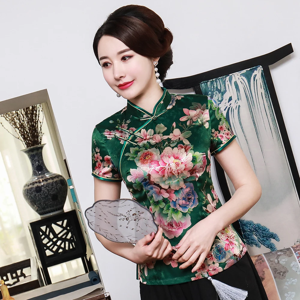 Chinese Women Print Blouse Plus Size 3XL 4XL Elegant Female Tang Top Short Sleeve Vintage Shirt Mandarin Collar Tops A0101