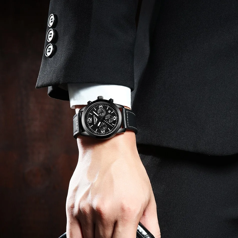 Мужские часы GUANQIN от ведущего бренда класса люкс, мужские военные часы, мужские спортивные наручные часы с кожаным ремешком, кварцевые часы A