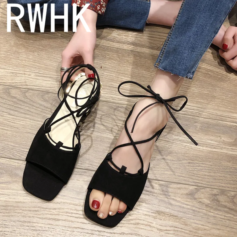 

RWHK One word with sandals female 2019 summer new thick with comfortable straps open toe Roman sexy wild women's shoes B037