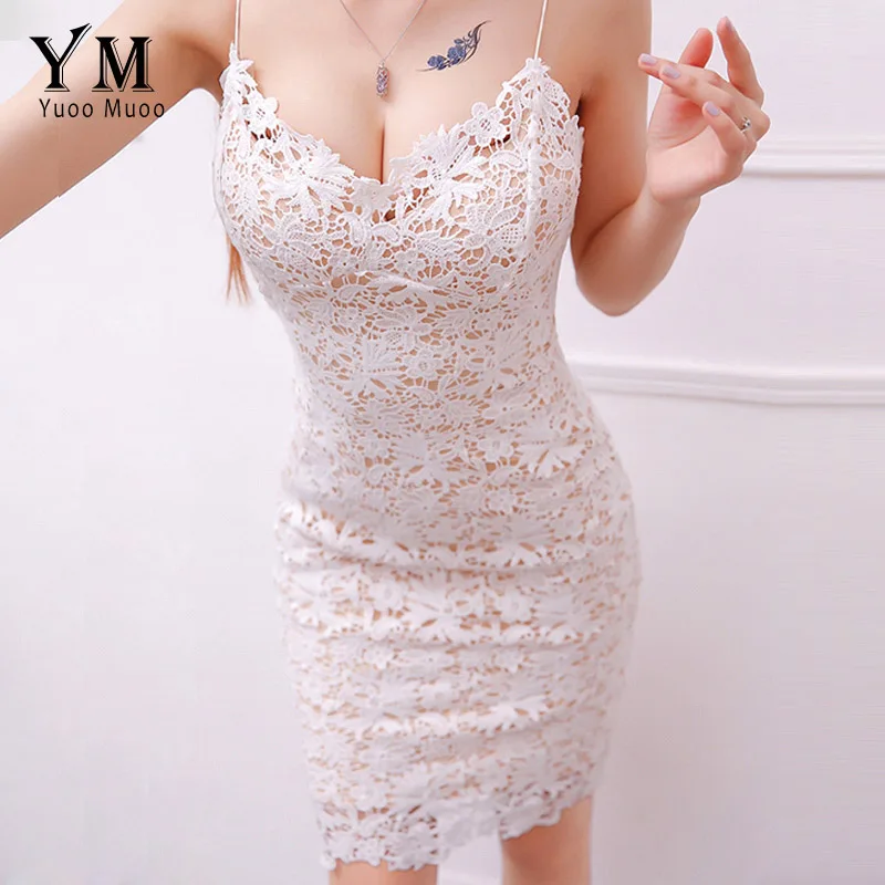 YuooMuoo Новое высококачественное женское сексуальное облегающее платье на бретельках с v-образным вырезом, мини-кружевное платье знаменитостей, вечерние платья сарафаны - Цвет: Белый