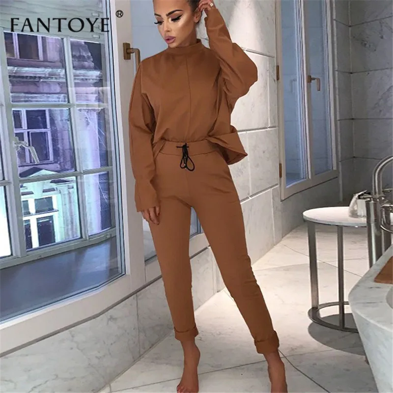 

Fantoye 2019 Spring Casual Two Piece Set Women Loose High Waist Elastic Sport Suit Long Sleeve Bodycon Rompers Party Overalls
