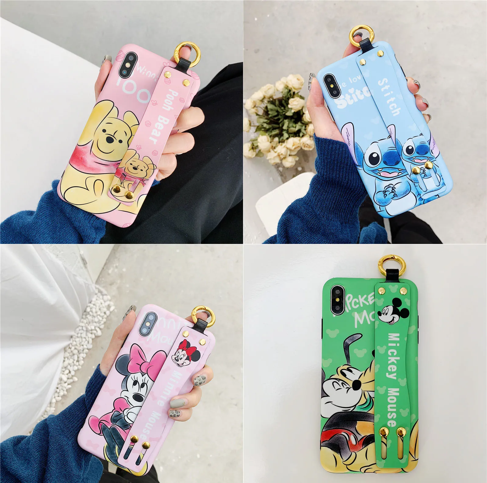 

Cute Cartoon Minnie Stitch Wristband Stand Phone Case For iPhone 6 6s 7 8 Plus X Xs Max Xr Goofy Winnie Pooh Cover Fundas