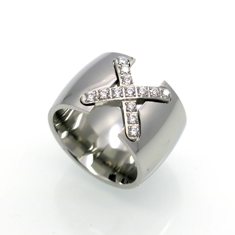 Gold Color Ring Bijoux 14mm Width Big Pave Setting CZ Cross X Ring Women Trendy Crystal Jewelry Gift 1pc