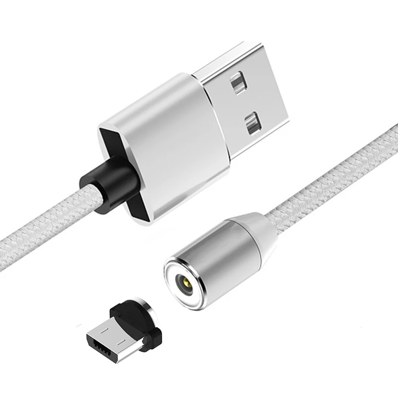1 м/2 м Магнитный кабель с нейлоновой оплеткой светодиодный usb-кабель с круглой головкой для зарядки смартфонов iphone 5 6 7 samsung S8 S9 huawei Xiaomi - Тип штекера: silver for micro usb