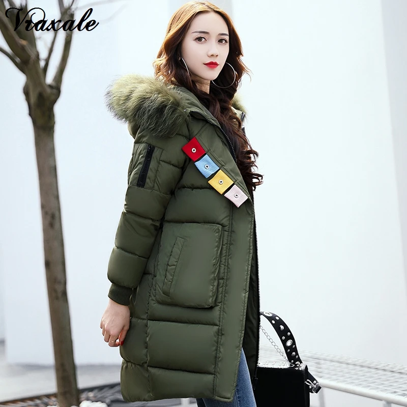 Vraxale2017 Novo Inverno de Algodão acolchoado Casaco Longo Parkas Engrossar Outwear Feminino Casaco Quente Grande Gola De Pele De Alta Qualidade