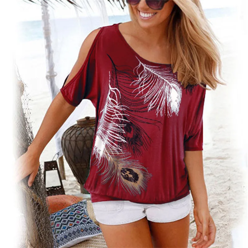 Женская рубашка, Повседневная летняя блузка для отдыха, короткий рукав "летучая мышь", свободные топы с открытыми плечами, рисунок с перьями, рубашка размера плюс, блузка 5XL - Цвет: Wine Red