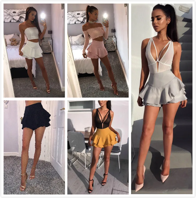 

Solid High Waist Shorts Women 2019 Summer Layered Ruffled Frill Shorts Feemes Brief Slim Shorts Elegant Fashion Mini Skirt Short