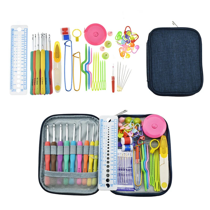 Looen 9 pcs Crochet Hook Sewing Needles ScissorsYarn Knitting Needles Set With Blue Bag Crochet Hook Sets Accessories For Women  (7)