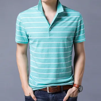 

Europe 2018 Summer Men's Fashion Slim Turn Down Collar Short Sleeve Striped Cotton Polo Shirts Male Casual Oversize Polos Tees