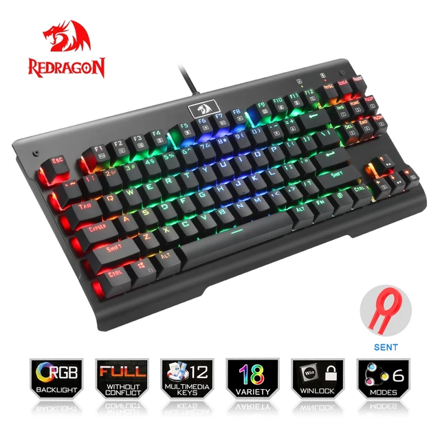 Best Price Redragon USB mechanical gaming keyboard ergonomic RGB LED backlit keys Full key anti-ghosting 87 keys wired PC Computer Gamer