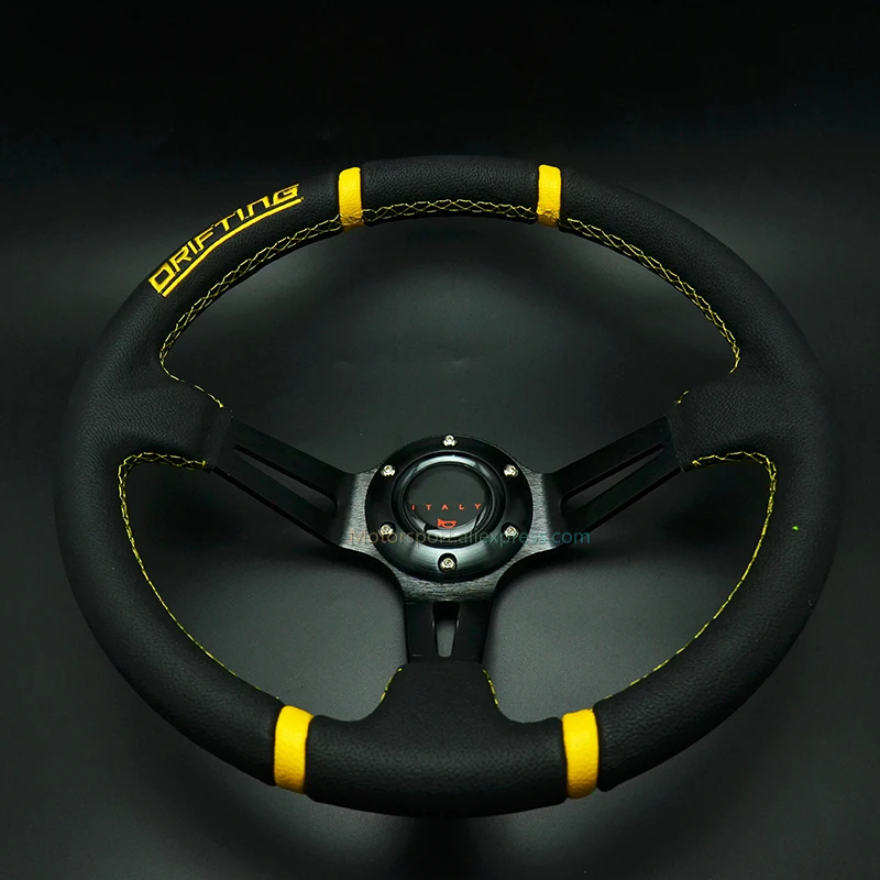 350mm Leather Car Steering Wheel 90mm Dishes Universal Yellow Stripe
