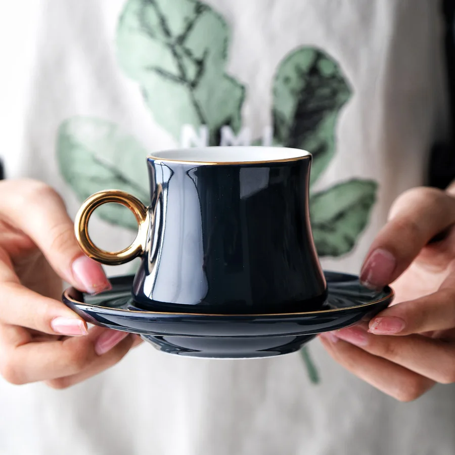 

MUZITY Elegant Ceramic Coffee Cup Set Porcelain Golden Edge Tea Cup and Saucer with 304 Stainless Steel Spoon Ceramic Mugs