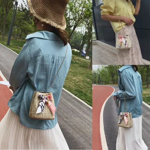 Women Straw Bag Handwoven Round Rattan Handbags Knitted Crossbody Bag Tote Scarves Beach Bag Girls Hot Purse Bag For Women
