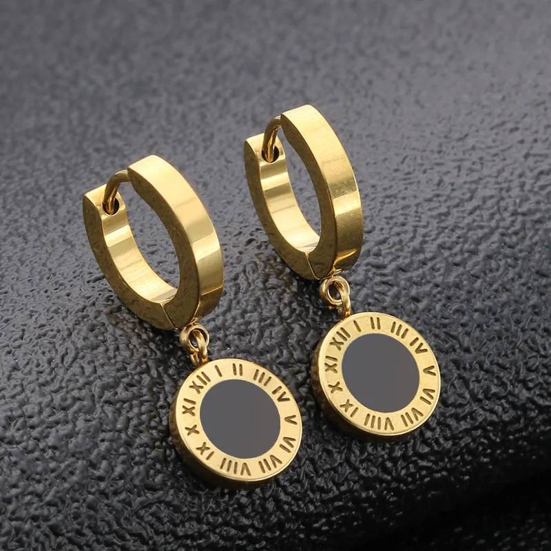 

High Grade Stainless Steel Stud Earring Roman Numeral Round Pendant for Women Rose Gold Color Ear Jewelry Gifts