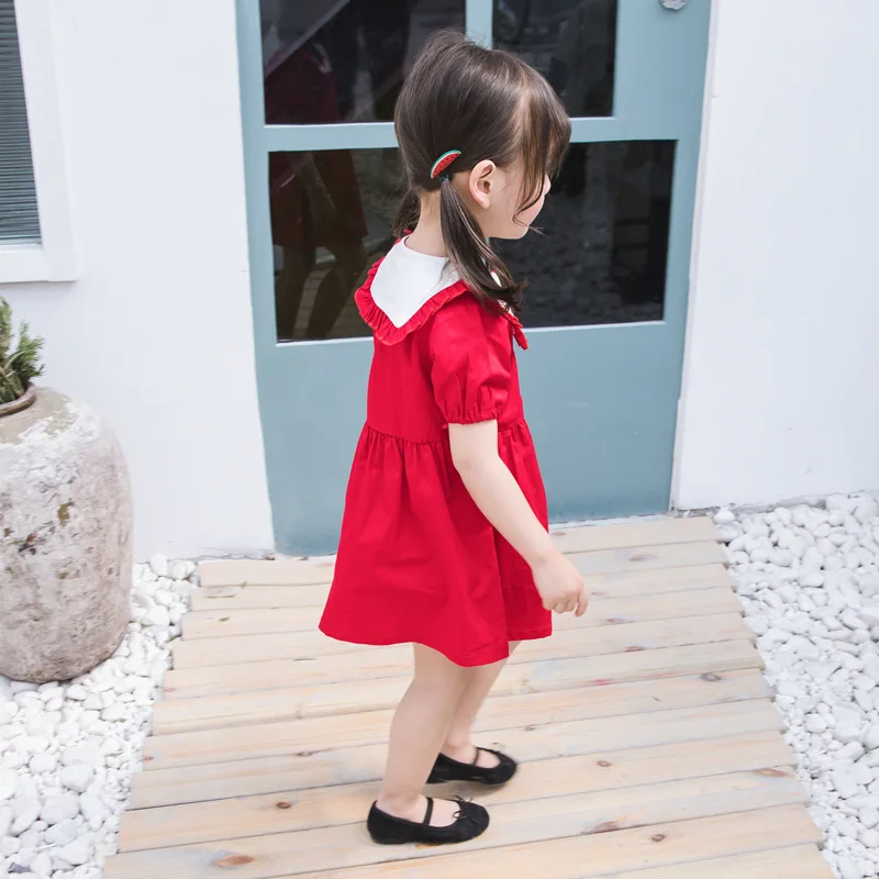 2019 Crianças Roupas Meninas Coreanas Vestido Navy Vento Lapela Vestido Cereja