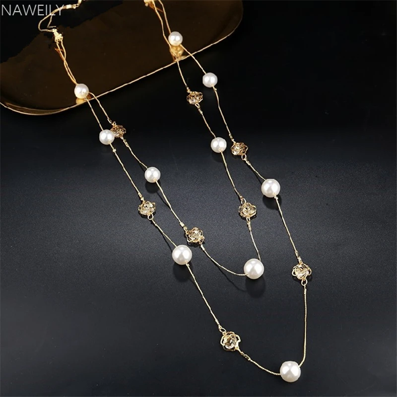 

Statement Gold Chain Sweater Long Necklace Camellia Simulated Pearl Necklaces For Women New Fashion Jewelry Layered Necklace