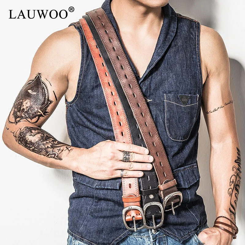 LAUWOO Italian Cow Leather Belt Vintage Cowboys Full Grain Genuine