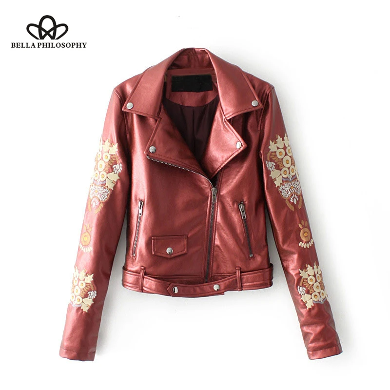 

Bella Philosophy 2018 Autumn Jacket Coat Women Embroidery PU Leather Basic Jacket Ladies Zipper Long Sleeve Sashes Outwear