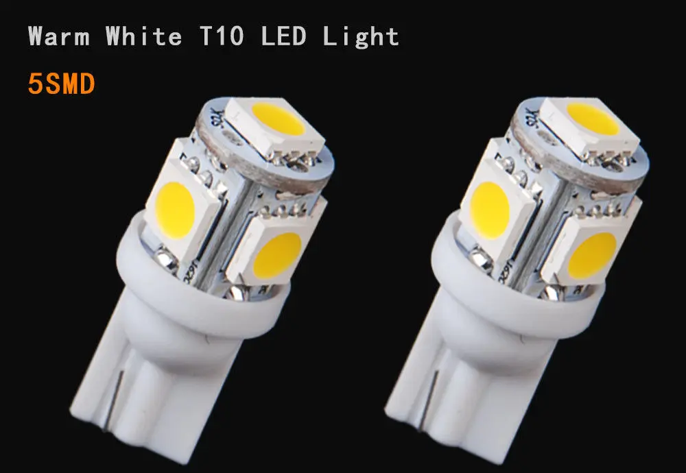 Голубой почвенный отсек 10 шт. T10 5050 5SMD 5 SMD теплый белый светодиодный автомобильный Грузовик клиновая лампа света индикаторные лампы Супер яркий DC 12V 24V