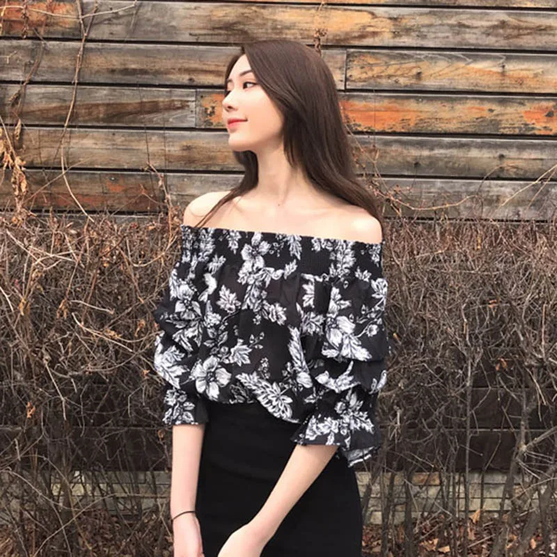 White Print Women Chiffon Blouse 2019 Slash Neck Tops Clothes Fashionable Sweet Style Clothing Slim Streetwear Casual Hot Sale