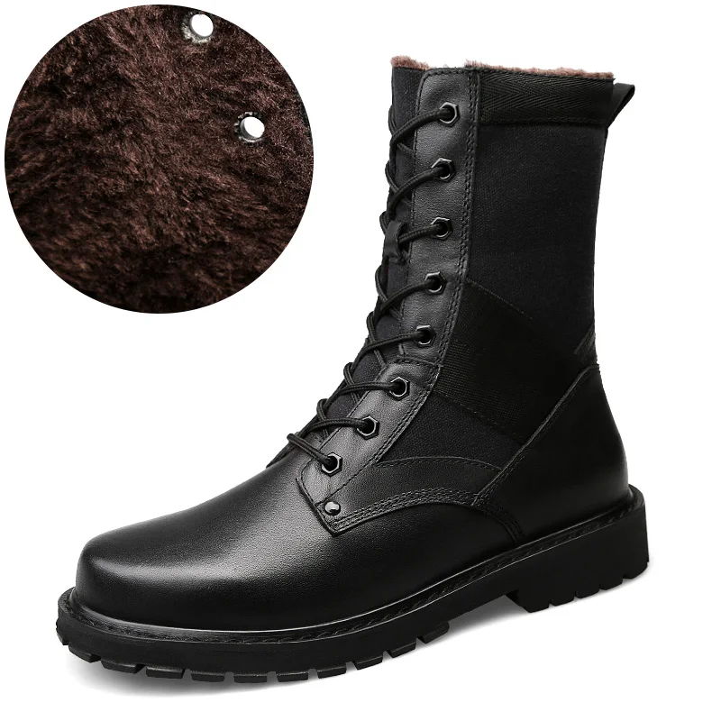 Black with fur Мужские ботинки до середины икры; большие размеры; зимние ботинки; большие размеры; обувь из натуральной кожи; теплые меховые короткие плюшевые мужские новые зимние ботинки для мужчин - Цвет: Black with fur