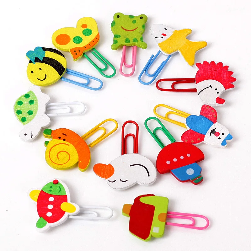 24 PCS Lovely Animal Pattern Memo Clip Paper Note Clips Wooden Bookmark