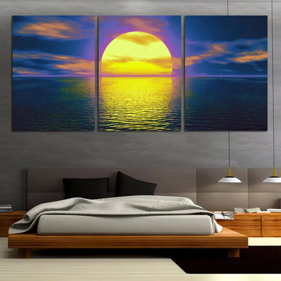 Modern Painting On Canvas Home Decor 3 Panel Sea Full Moon Night View Posters Frame Living Room Wall Art Pictures HD Printed | Дом и сад