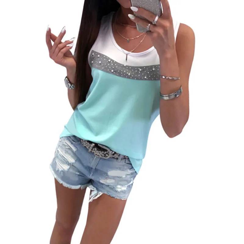 BBYES S-XL 2019 Women Summer Color Patchwork Tops Woman Ladies Sleeveless O-Neck Beading Shirt Women's Casual Vest Tops