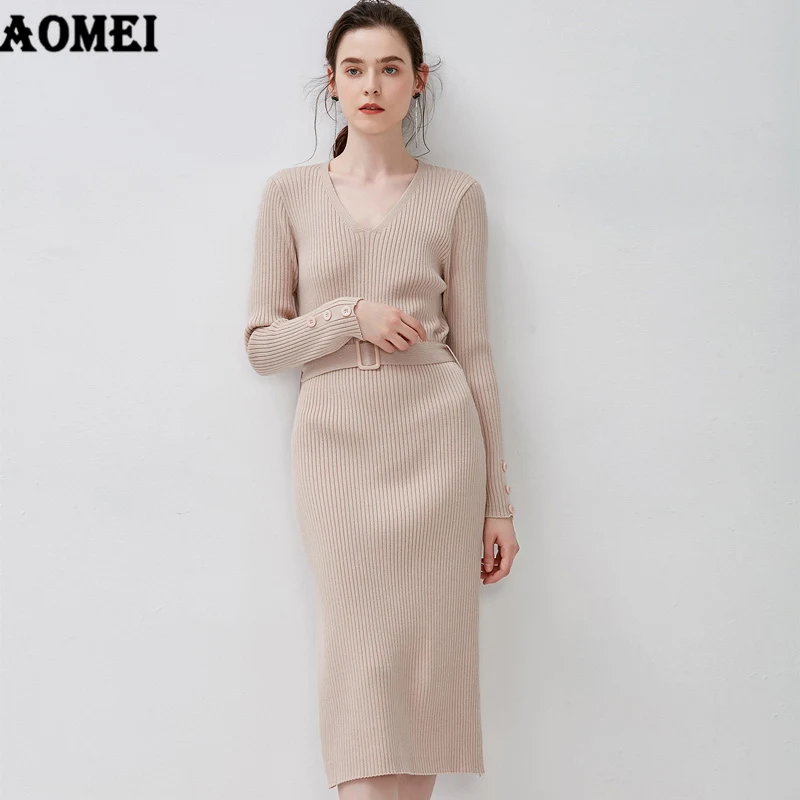 

Women Knitting Dresses Slimming Split with Sashes V neck Pullovers Jumper Tunics Female New Autumn Fashion Black Knitted Gowns