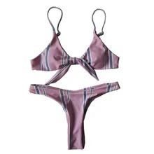Women Bikini Set Stripe Bandage Pink