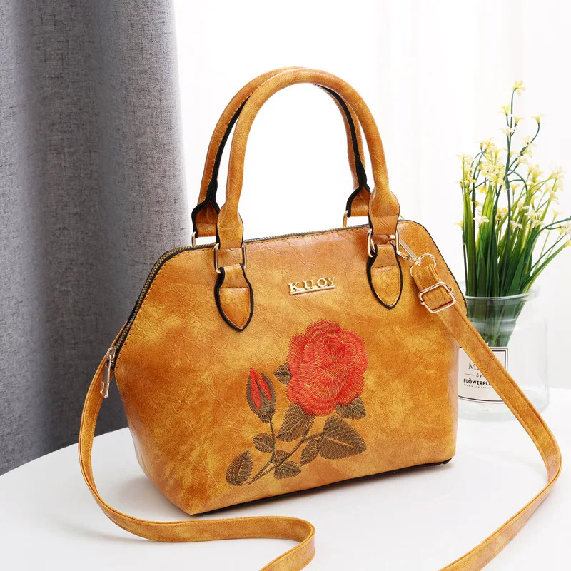 

New Design Embroidery Women Bag Retro Floral Leather Purses and Handbags Luxury Brand Shoulder Bags Female Bags for Women 2019