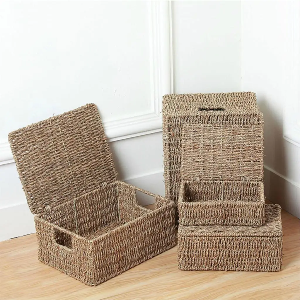 Natural Seagrass Storage Basket With Lid and Handles Vintage Tissue Box