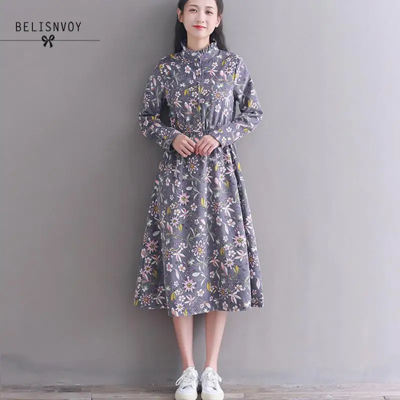 Kopen Mori Meisje Vintage Casual Losse Vrouwen Kleding Lente Herfst Bloemen Gedrukt Vestidos Femininos Verstoorde Corduroy Elegante Vrouwelijke