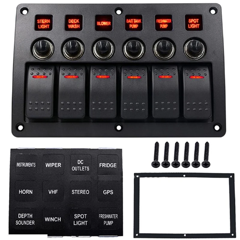 

12V 24V Car Boat Marine Red LED 6 Gang LED Rocker Switch Panel Circuit Breakers